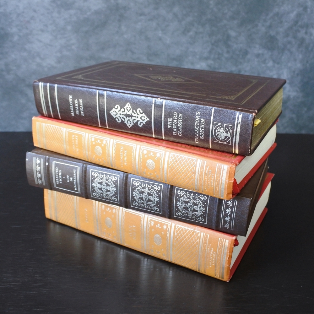 Vintage Leather Bound Hardcover Book Stack Shelf Decor Set